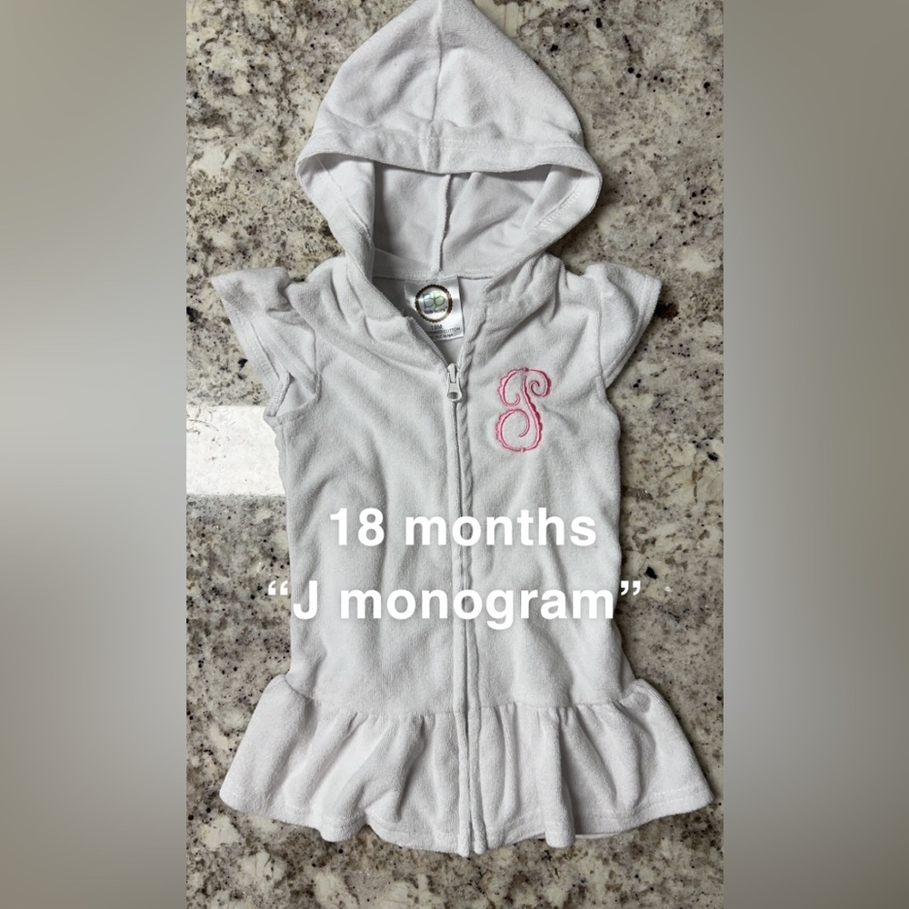 18 months J monogram swimsuit cover up, zipper, white terry cloth, pink J thread
